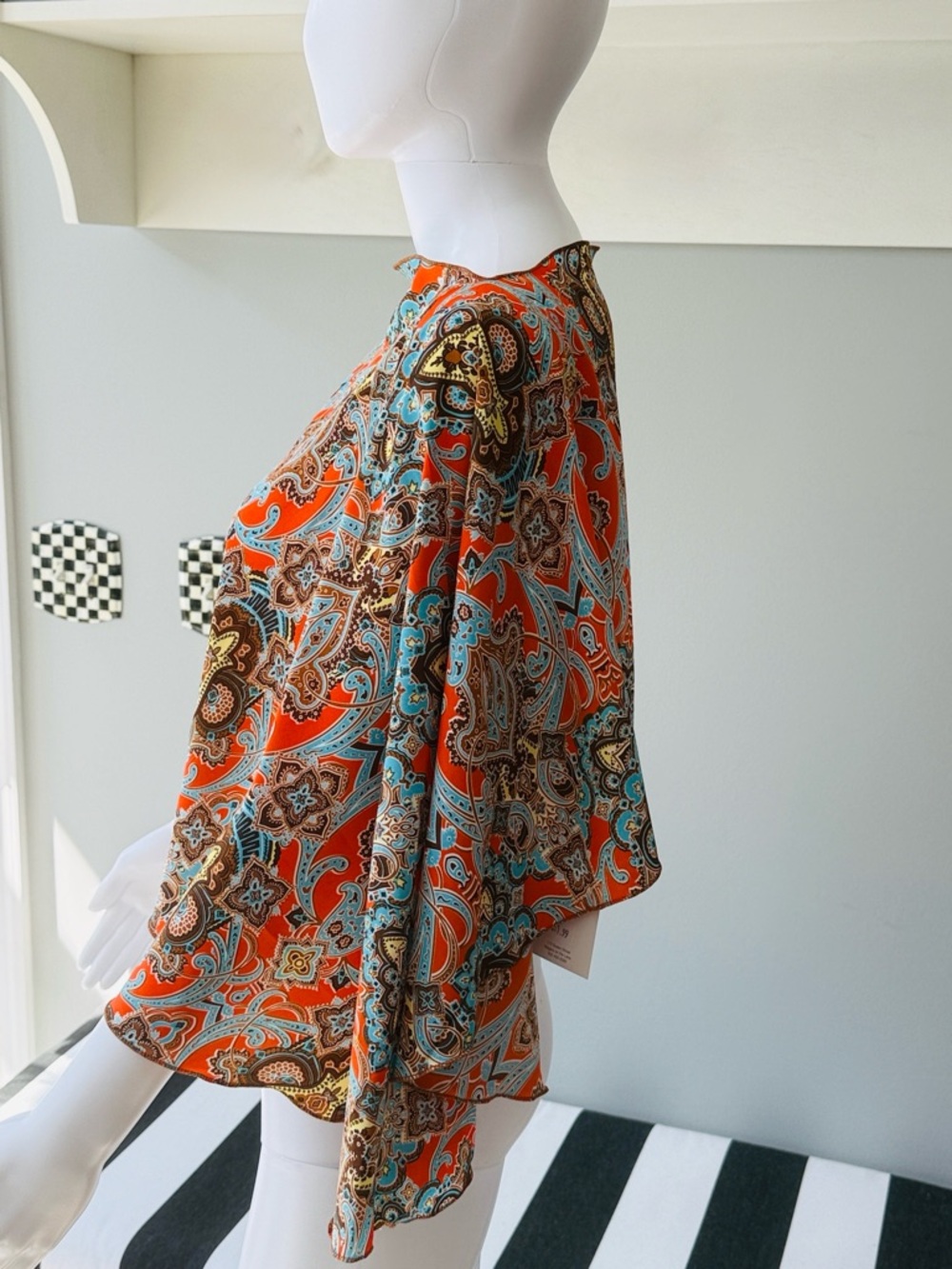 C3 Vibrant Orange & Turquoise Paisley Silk Multi-Style Poncho Top Blouse-1 Size - Picture 6 of 11